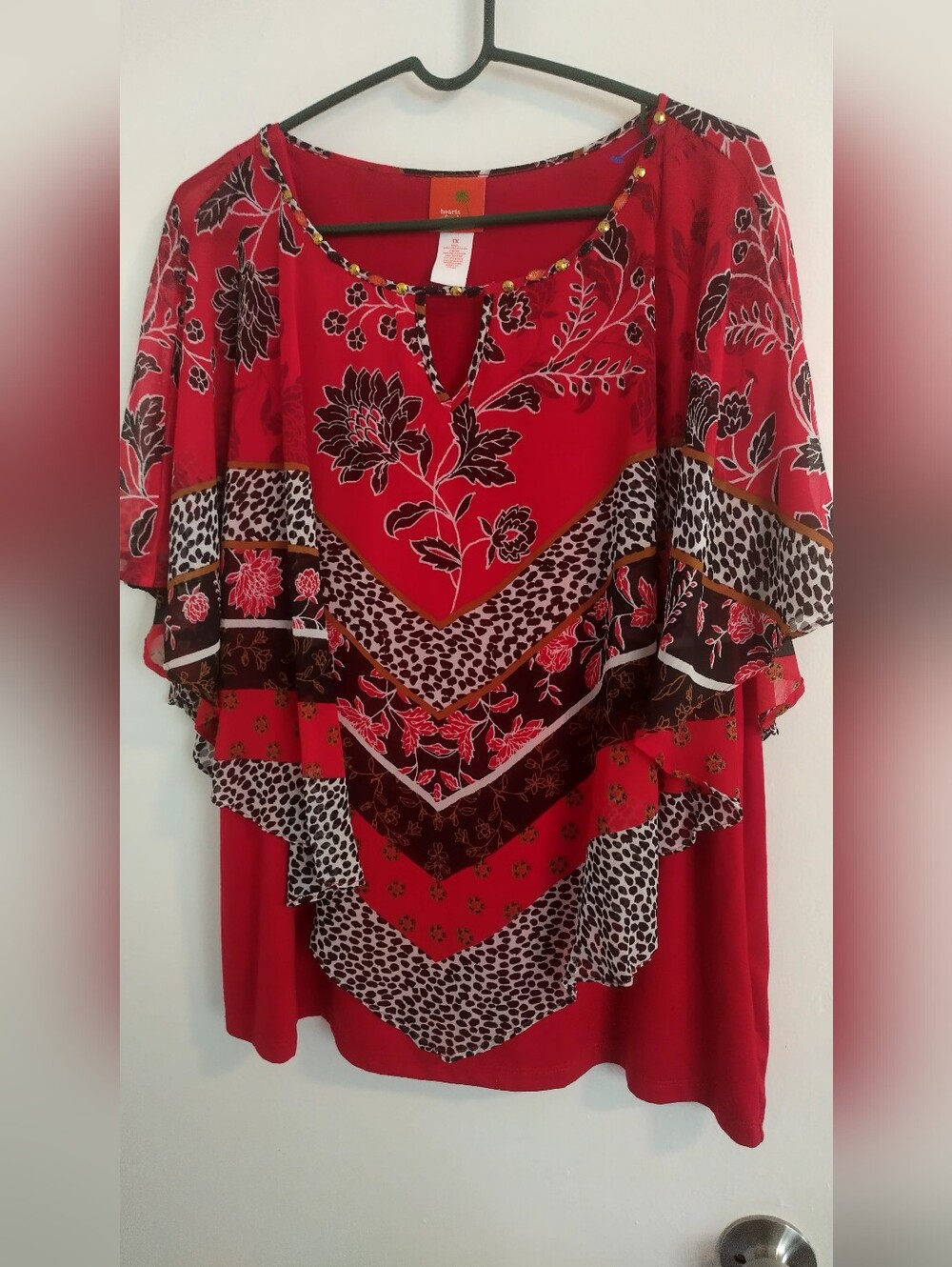 Red Floral Layered Women's Top Size 1X